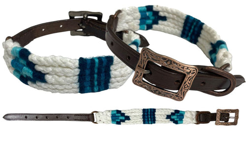 Corded Leather Dog Collar - Blue/White