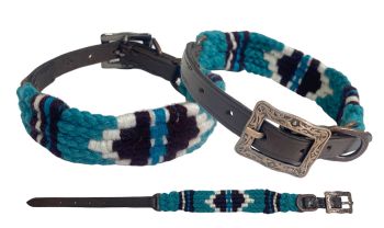 Corded Leather Dog Collar - Teal/White