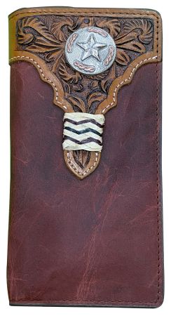Combination Burgundy and medium oil Rodeo Style Leather Bi-fold Wallet.