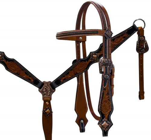 Double stitched medium leather headstall and breast collar set