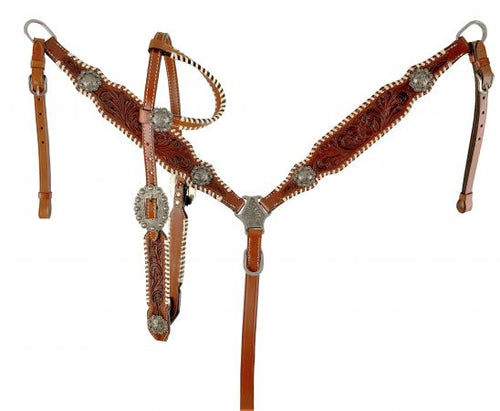 One Ear Headstall and breast collar set with floral tooling