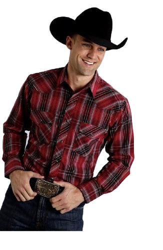 Roper® Mens Red & Black With Silver Lurex Plaid Long Sleeve Snap Western Shirt