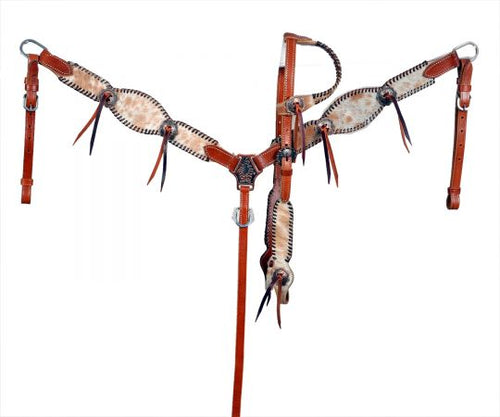 Medium Oil Cowhide inlay one eared headstall and breast collar set