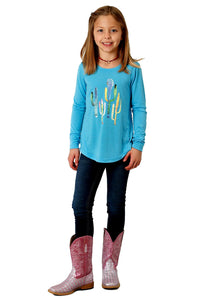 Roper Girls Long Sleeve Kids Turquoise Cactus T-shirt