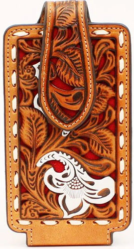 Tooled Leather Tan Phone Case with Red Underlay and Buck Stitching