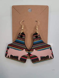 Show Pig Cow Tag Wood Earrings