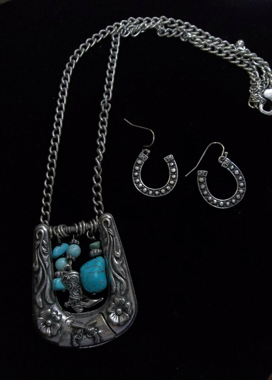 SIlver Strike Necklace & Earring Set Horseshoe w/Charms
