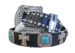 Black Leather Belt With Turquoise Stones & Crosses