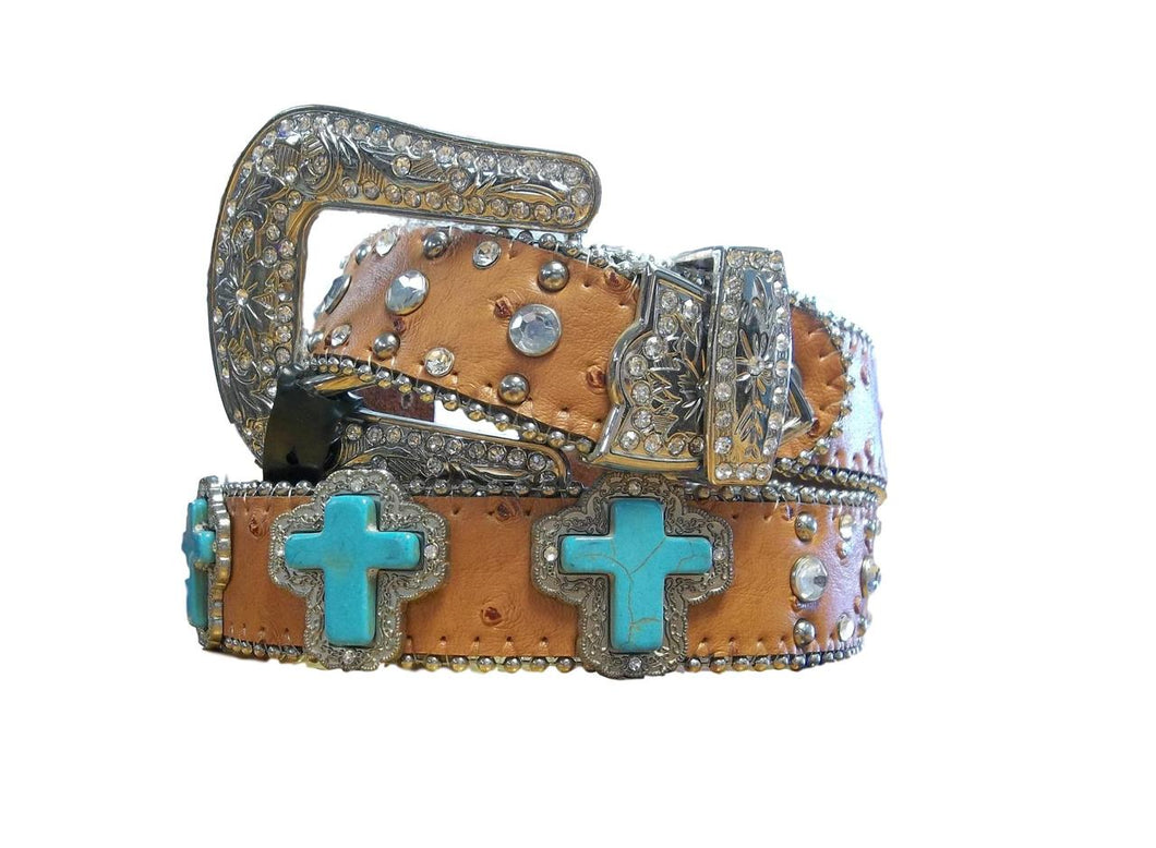 Girls Brown Leather Belt with Turquoise Stone Crosses