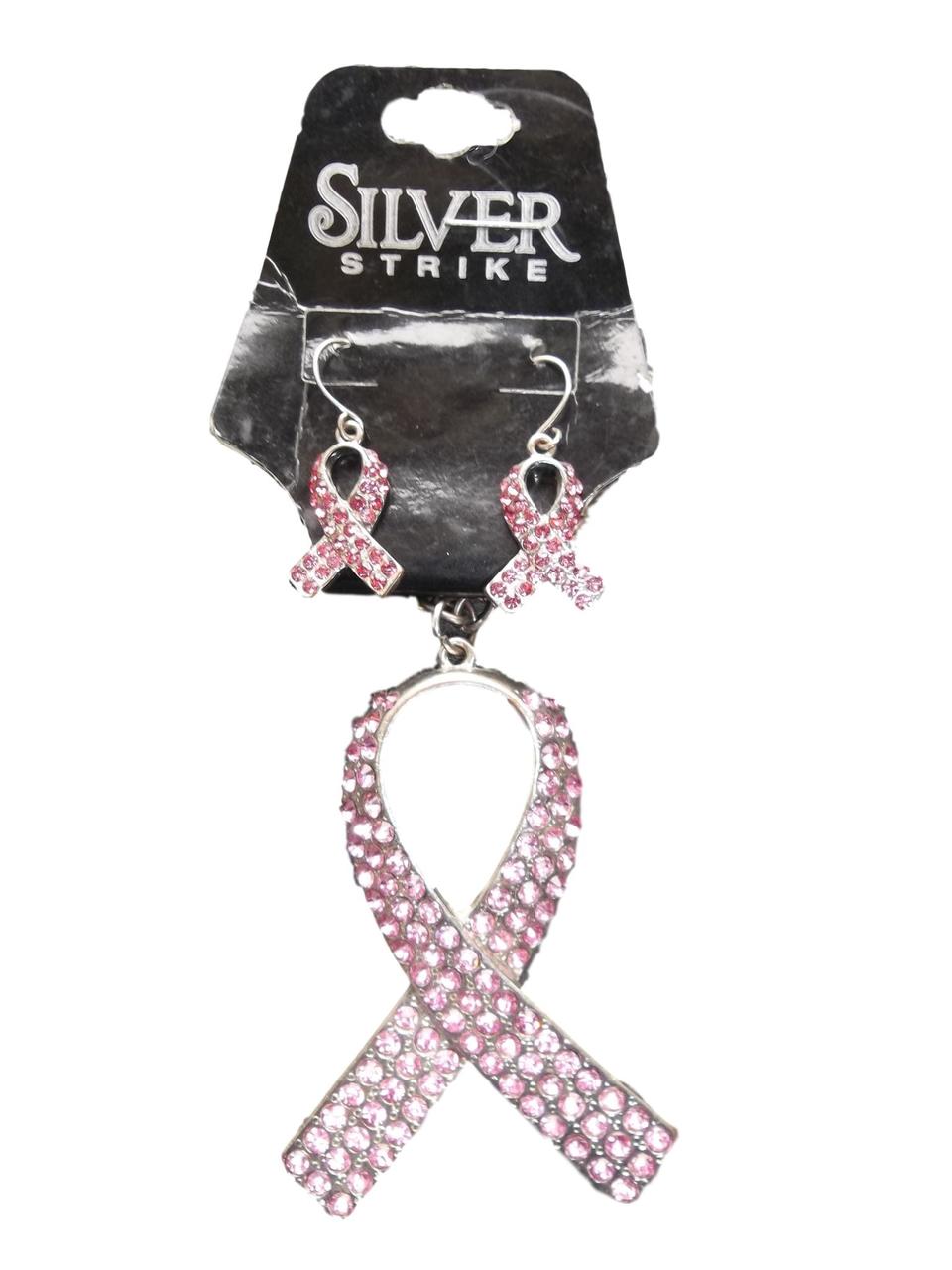 Silver Strike Breast Cancer Necklace and Earing Set