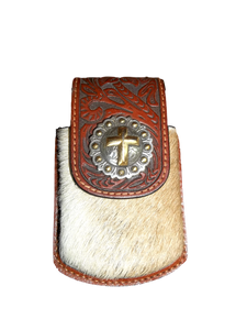 Flip phone case with cow hide and cross accents