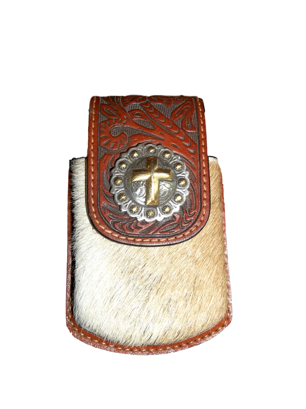 Flip phone case with cow hide and cross accents