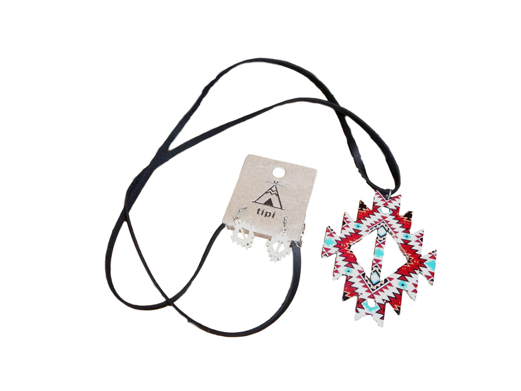 Long Leather & Metal Aztec Necklace