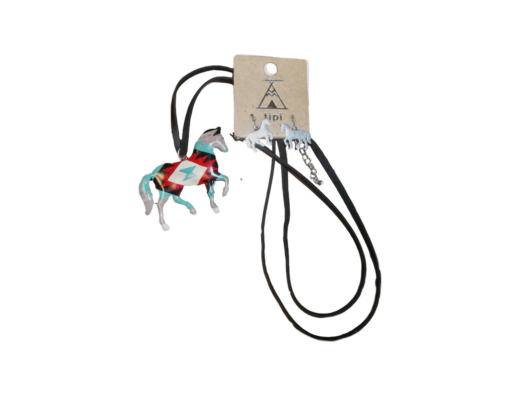 Long Leather & Metal Aztec Horse Necklace