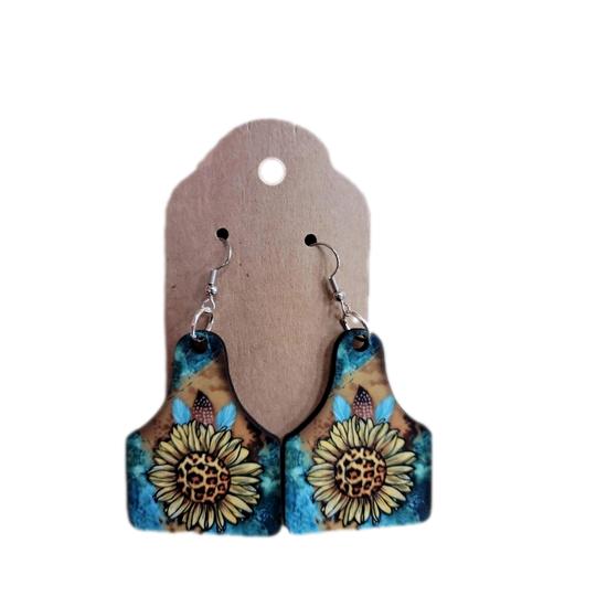 Sunflower Cow Tag Wood Earrings