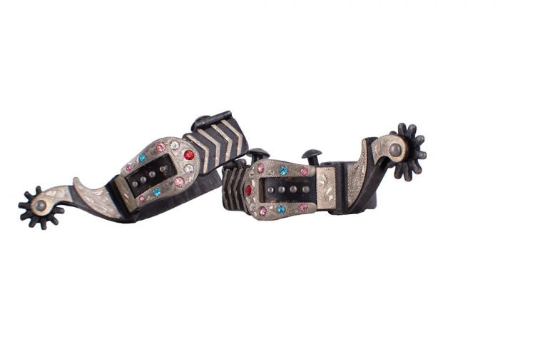 Ladies Gray Steel Spurs With Silver Buckle Design