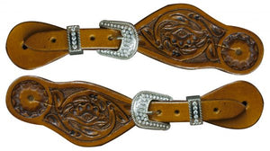 Youth Floral Tooled Spur Straps With Rinestones