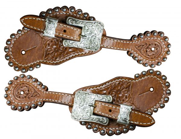 Floral Tooled Spur Straps With Engraved Silver Buckle And Studs