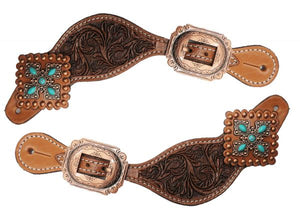 Ladies Tooled Leather Spur Straps with Vintage Turquoise Stone Conchos