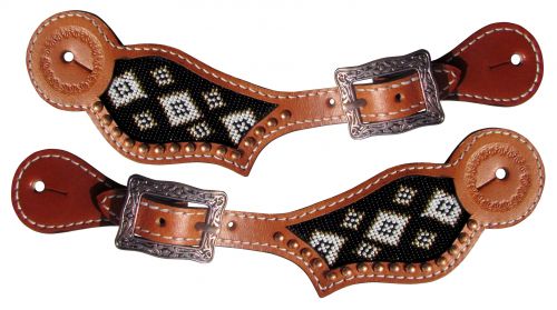 Black, Gold, and White Beaded inlay Women's Spur Straps.