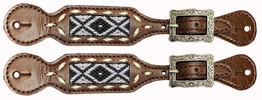 Ladies leather spur straps with woven fabric Inlay with southwest design.