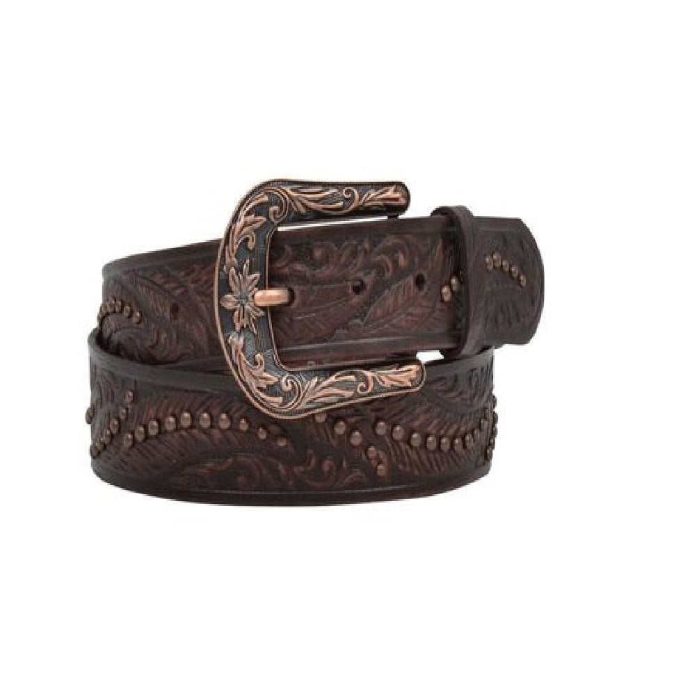 Angel Ranch Ladies Brown Distressed Leather Feather Pattern Belt