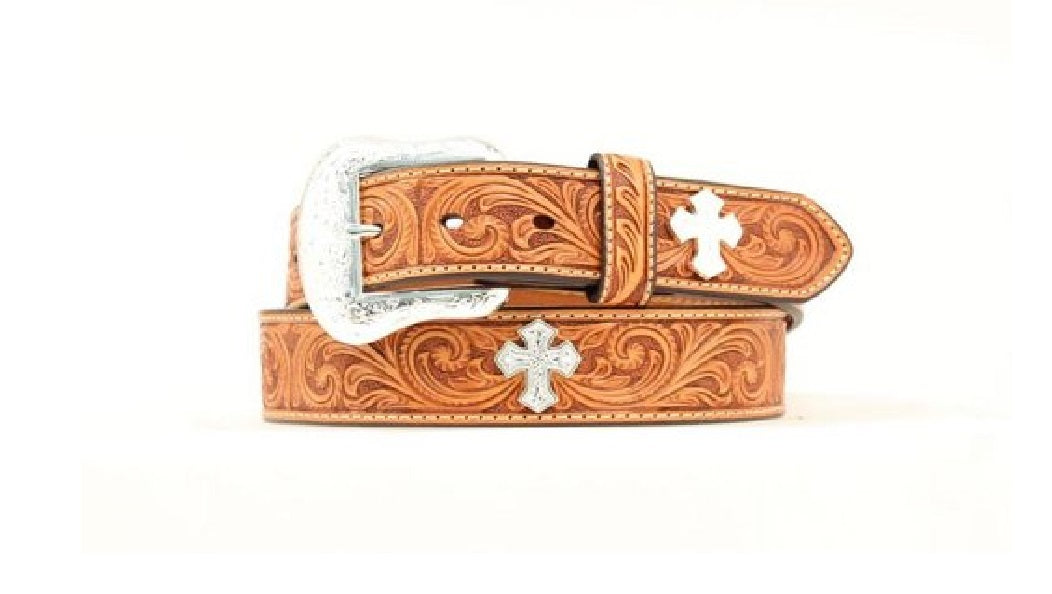 Swirl Tooled Belt With Silver Crosses