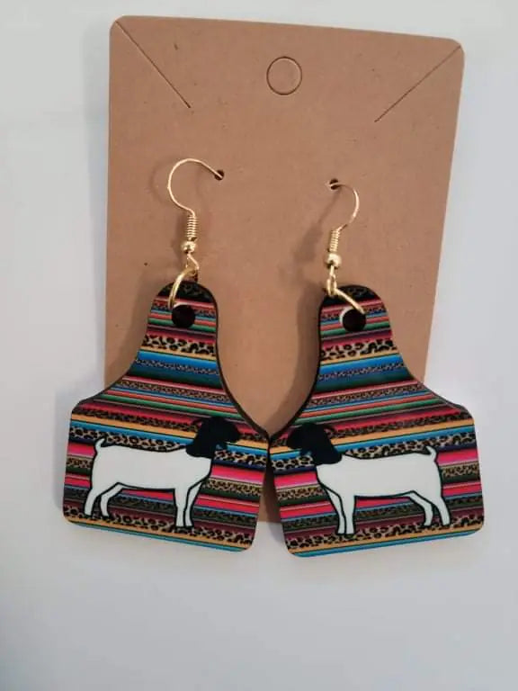 Show Goat Cow Tag Wood Earrings