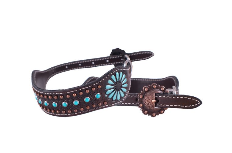 Dark Leather Dog Collar With Turquoise Design