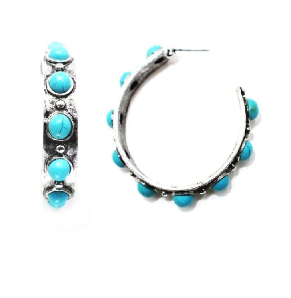 Wide Turquoise & Silver Hoop Earrings