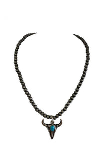 Silver Beaded Necklace With Steer Head and Turquoise Charm