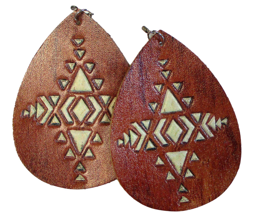 Leather Earrings With Cream Aztec Design