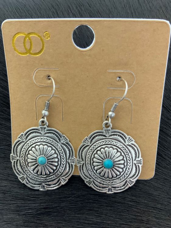 Silver Concho Earring With Turquoise Stone Accents