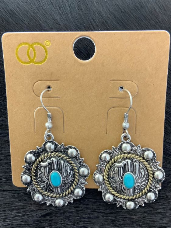Silver Concho Earring With Cactus And Turquoise