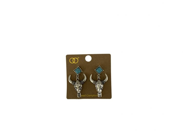 Turquiose And Cow Skull Dangle Earrings