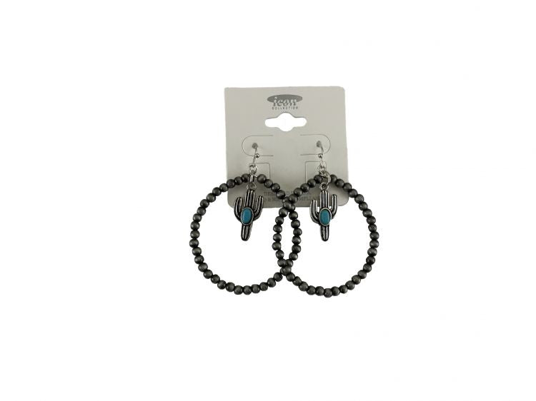 Silver Beaded Hoop Earrings With Cactus Charms