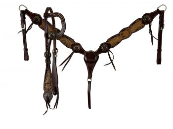 Floral tooled design one ear bridle and breast collar set