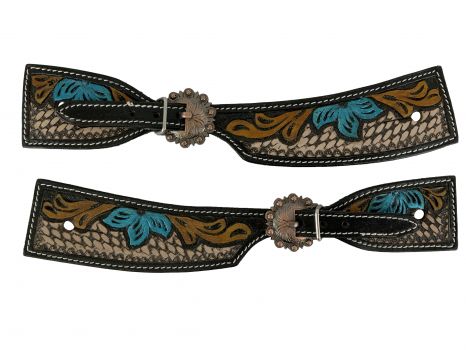 Ladies spur straps with painted blue flower on basket tooled leather.