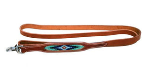 Leather Dog Leash With Teal And Blue Beaded Inlay