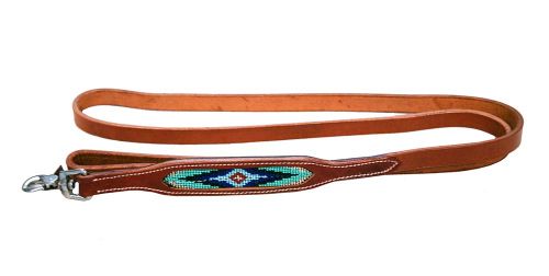 Leather Dog Leash With Teal And Blue Beaded Inlay