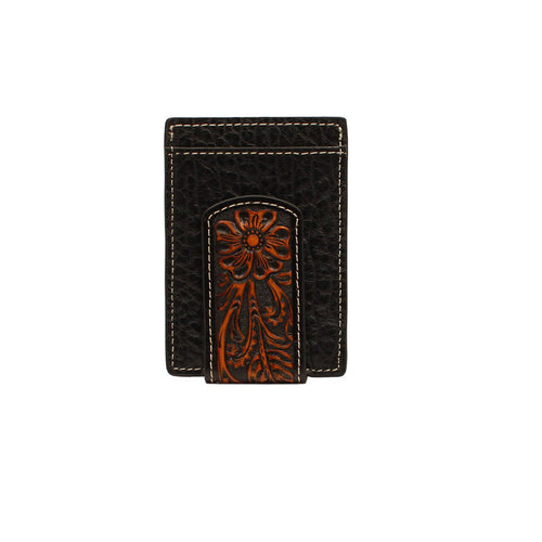 Nocona Black Card Case, Money Clip with Floral Overlay