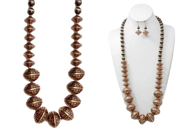Faux Copper Navajo Beads And Engraved Pottery Necklace Set