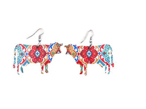 Multicolored Wood Cow Earrings With