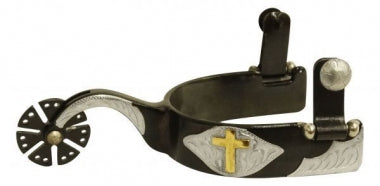 Showman Men's Black Steel Spur With Gold Cross And Flat Edge Rowel