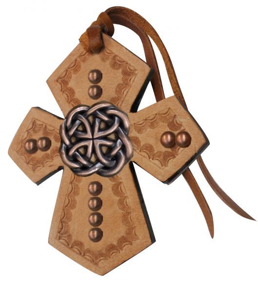 Leather Tie On Cross With Celtic Knot