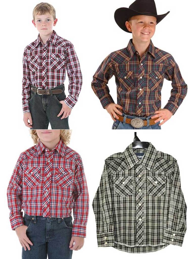 Wrangler Assorted L/S Plaid Pearl Snap Boys Western Shirt