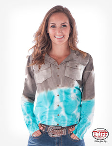 Cowgirl Tuff Brown & Turquoise Tie-Dye Faux Button Up