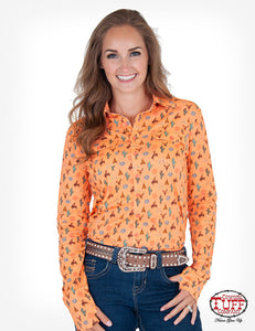 Cowgirl Tuff Coral Western Print Faux Button Up