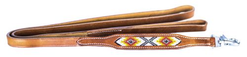 Leather Dog Leash With White And Orange Aztec Beaded Inlay