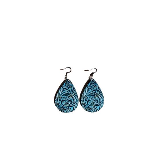 Turquoise Tooling Wood Earrings